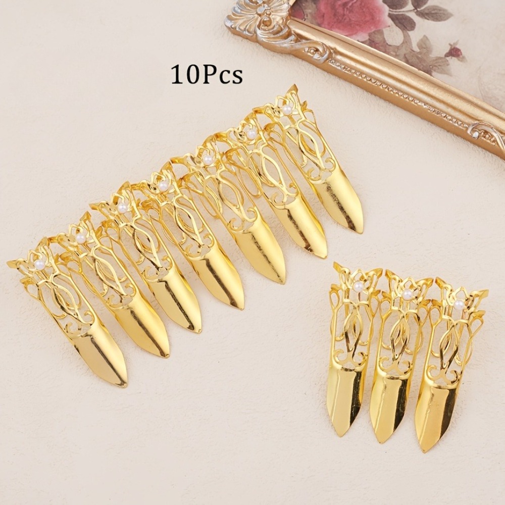 TEMU 10pcs Bagues d'ongles Style Chinois Ancien - Pointes d'ongles Tendance - Ajouts de Set d'ongles Métalliques - Bijoux Hanfu Ligne de Réglable d'