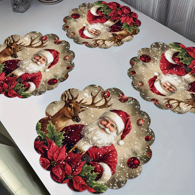 TEMU 4pcs Christmas Mat - Santa & Reindeer Pattern Wooden Table Mat, Non-slip And Durable, Suitable For Holiday Meals And Home Decoration,