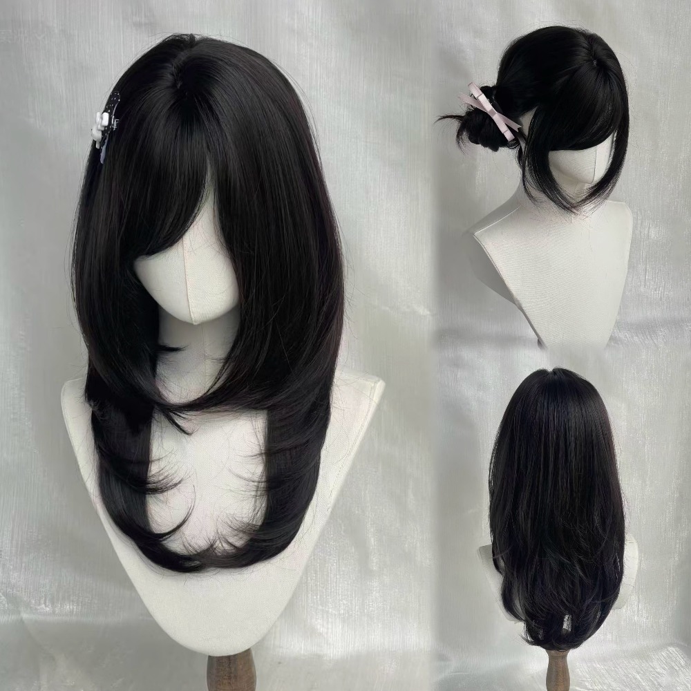 TEMU 1pc 22-inch Wig Suitable For All, Black, Straight Hair With Bangs, Rich Layers, Daily Face Shape Modification, Fluffy, Fashionable, Suitable For