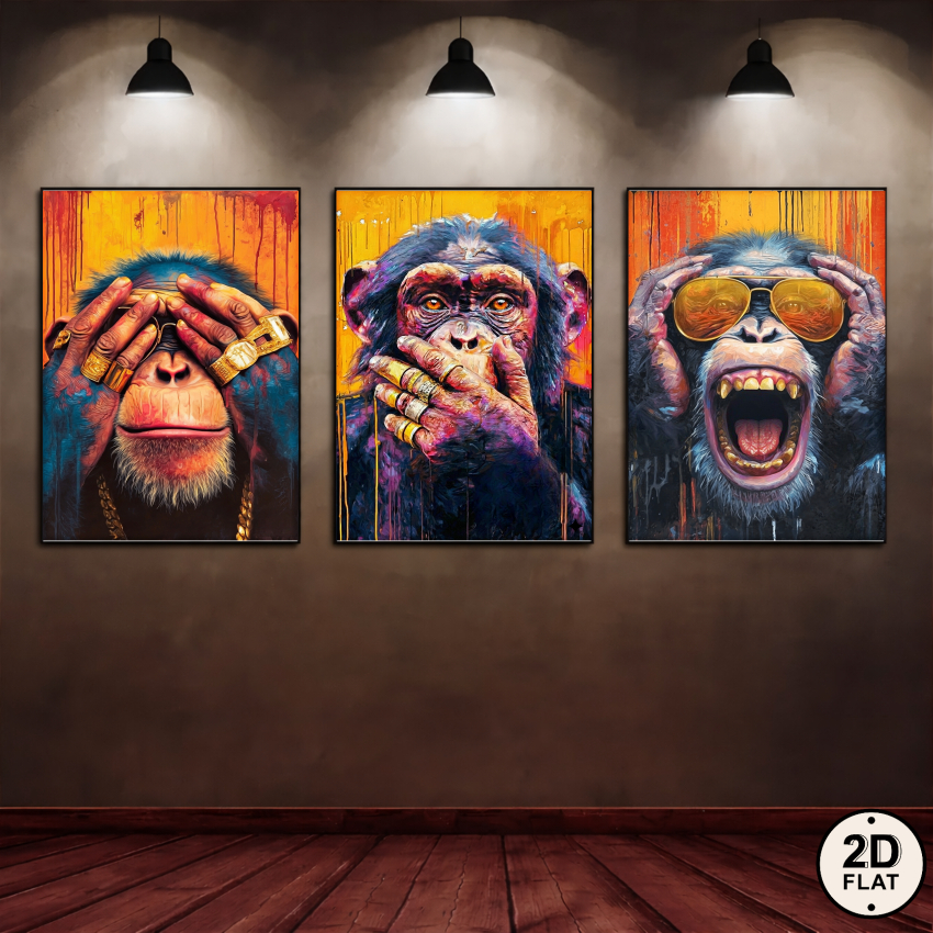 TEMU 2d Flat, 3pcs Unframed Canvas Art Prints Monkey Portrait With Golden Jewelry And Chains Vibrant Colors Wall Art Decor For Living Room Bedroom
