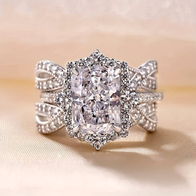 New Shiny Square Set With Synthetic Synthetic Zirconia, A 4-prong Two-piece Engagement And Proposal Ring, Valentine's Day And Christmas Gift
