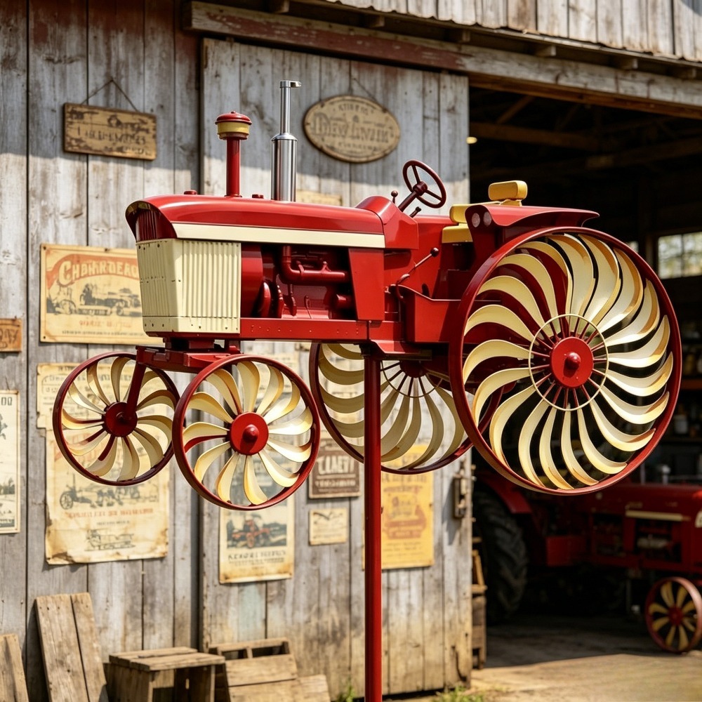 Image of 2pcs Set Red 2d Tractor-shaped Windmill (with Rotating Wheel And ), Suitable For Courtyard, Garden, And Terrace Decoration; Unique Outdoor Sculpture Art Piece, For Halloween And Christmas Gifts.