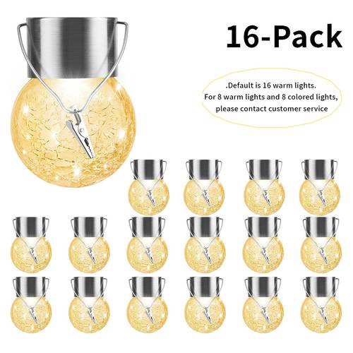 16pcs solar powered hanging lights waterproof cracked ball lanterns with handle clip multicolor gradient led lights 10 hour solar lights for garden patio fence tree outdoor bar 16pcs