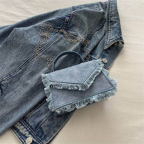 Vintage Crossbody Bag for Women with Frayed Edges & Metal Chain Strap - Blue Distressed Shoulder Handbag, Button Closure Casual Daily Bag, Material
