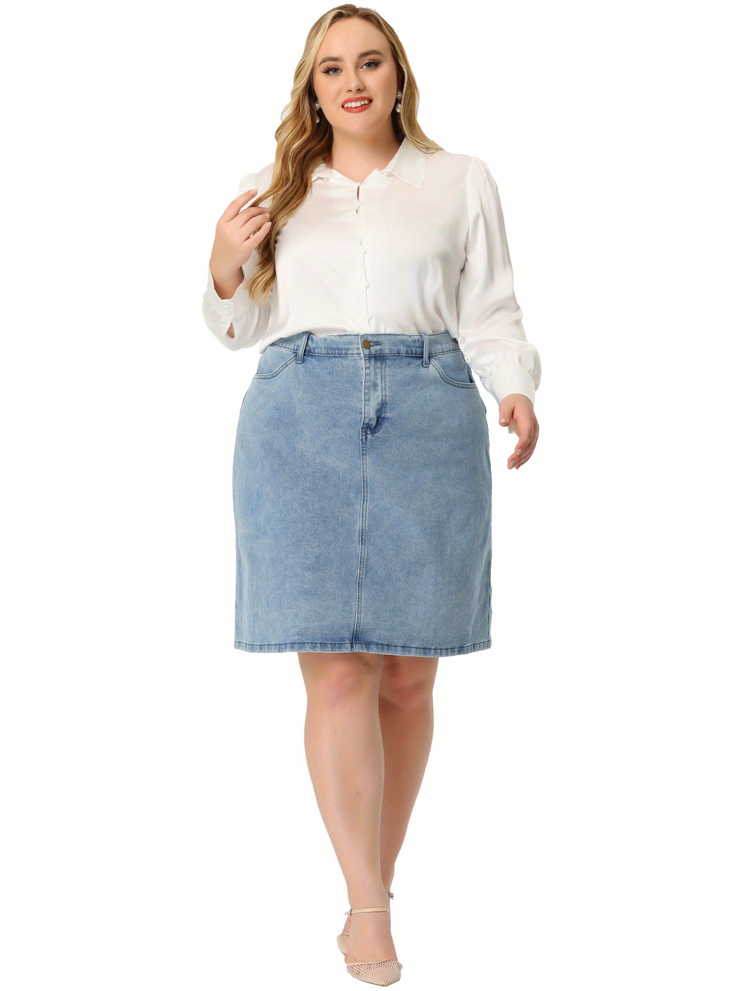 Plus Size Jean Skirt for Women 4-Pocket Denim Pencil Skirt with