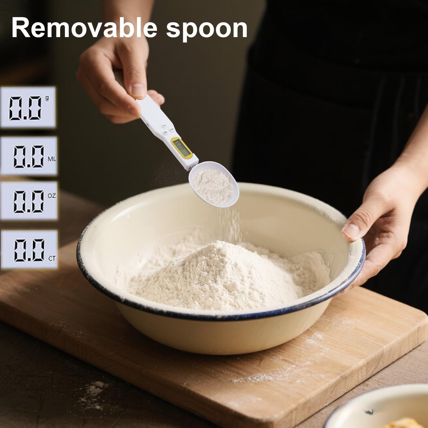 electronic weighing spoon with     gram scale ergonomic handle 0 1 500g capacity high quality   abs material white black electronic kitchen scale with   function hold unit switch for baking coffee spices tea ingredients measurement 4