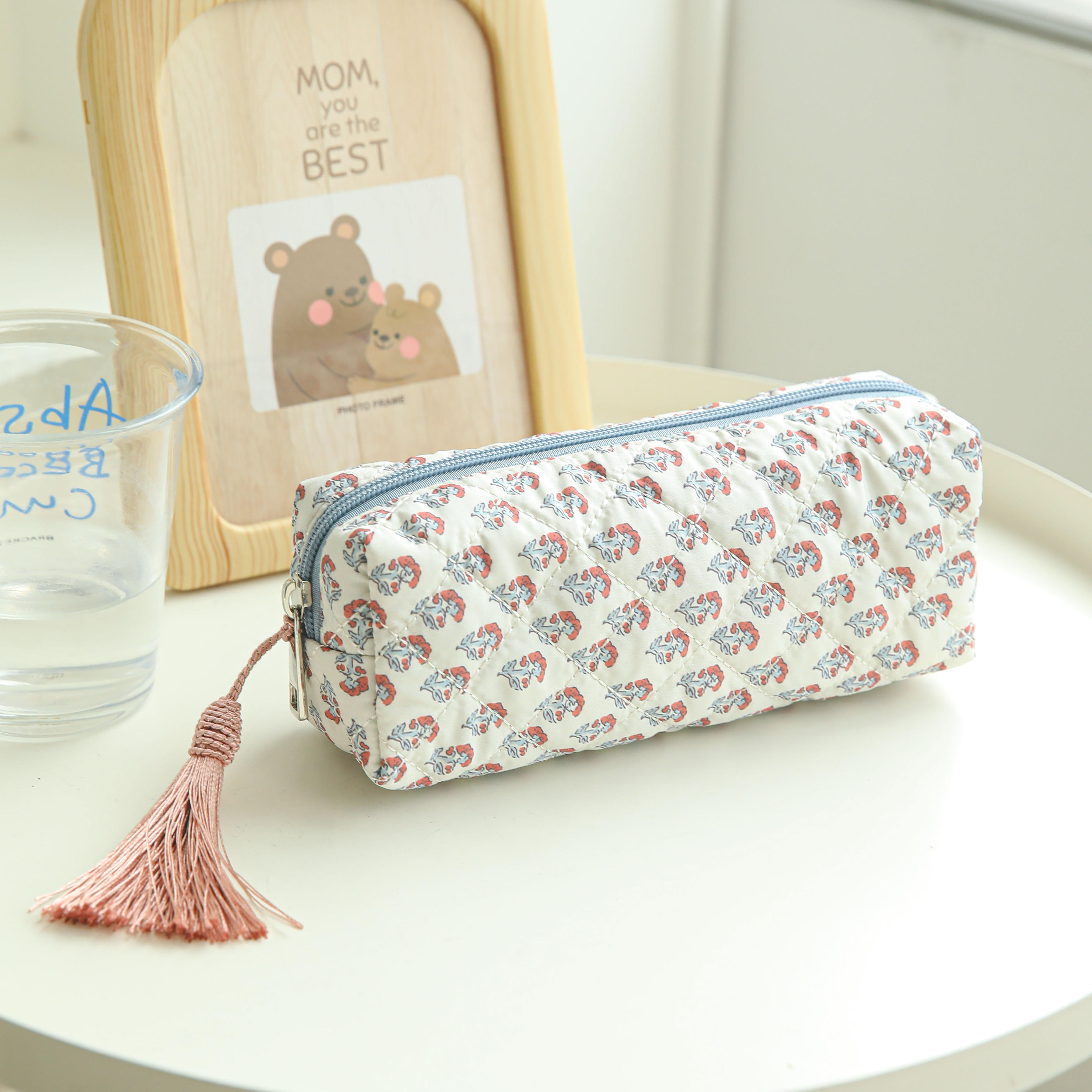 TEMU Vintage Small Floral Quilted Tassel Zippered Makeup Pouch, Portable Rectangular Cosmetic Bag, Cute -one Student Pencil Case, Women's Travel