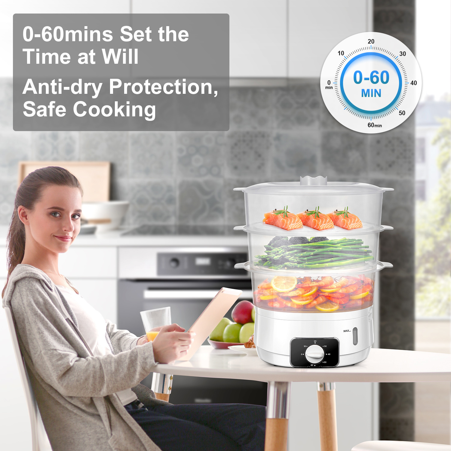 DEKITA Vaporera Eléctrica de 3 Niveles, Vaporizador de Alimentos de 12L