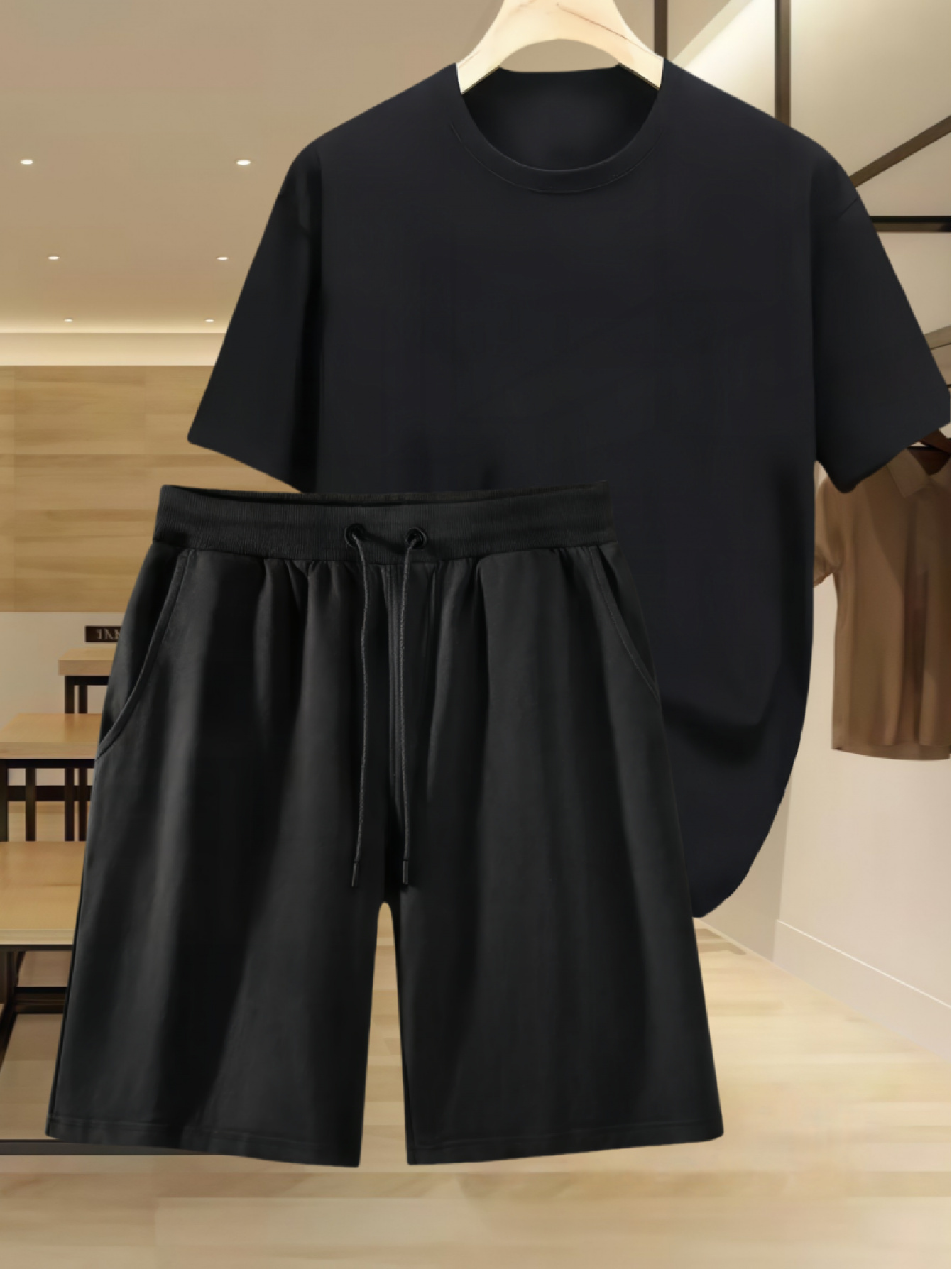 2pcs Casual Sportswear Set High-Quality Drawstring Shorts and Crew Neck Loose Solid Color T-Shirt Black Tee + Black Shorts Casual Short Sleeve Top and Beach Pants Bottoms Comfortable Unisex Summer Outfit