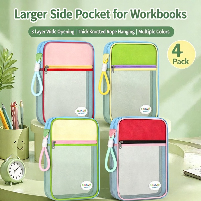 Image of 4-pack 3-compartment Clear File Organizer Bag With Thick Knotted Hand Strap, Large Side Pocket Transparent Mesh Document Pouch, Subject Workbook Storage Bag For School Students Office Supplies