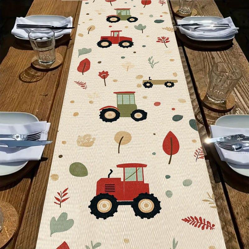 TEMU Disponible en 4 tailles, impression 2D à plat, chemin de table amusant et fantaisiste avec imprimé tracteur de dessin et feuilles, longue nappe