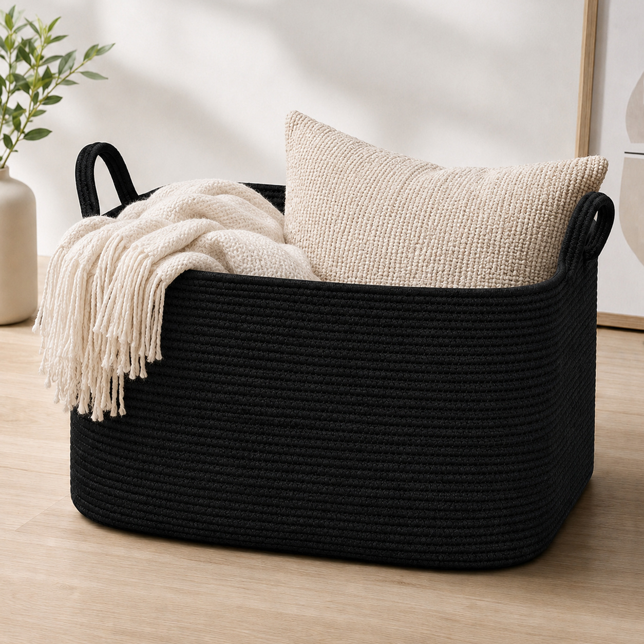 TEMU Grand panier de rangement tissé avec poignées, panier à linge en corde noire pour salon et chambre, panier décoratif à couvertures, bac de