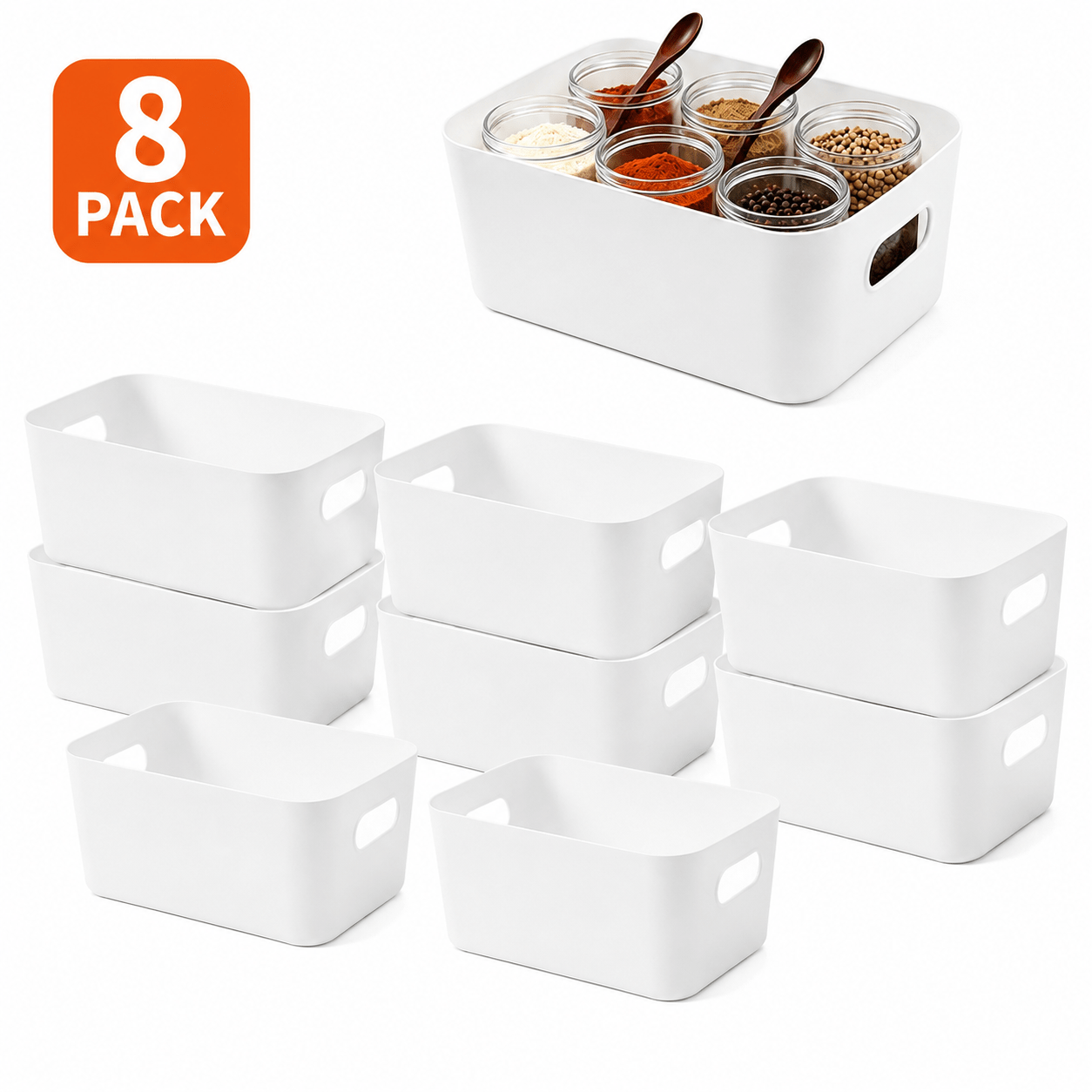 TEMU 8pcs Plastic Storage Baskets With Handles, Cabinet Organizer Bins For Home Tidying, Containers For Pantry, Kitchen Counter, Bathroom Vanity,