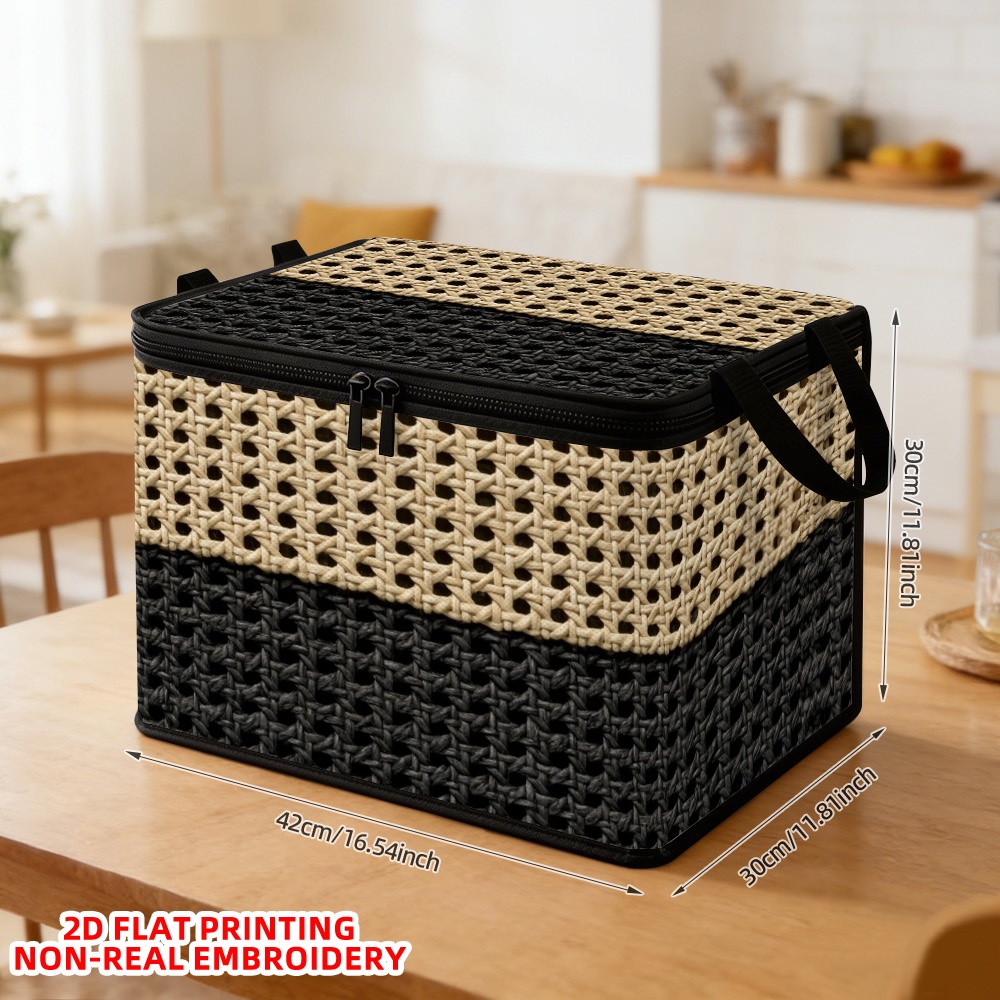 TEMU 1pc Woven Beige & Black Shelf Basket With Lid - Oxford Cloth Storage Bin Suitable For Bedroom, Living Room, Entryway, Rectangular Hamper For
