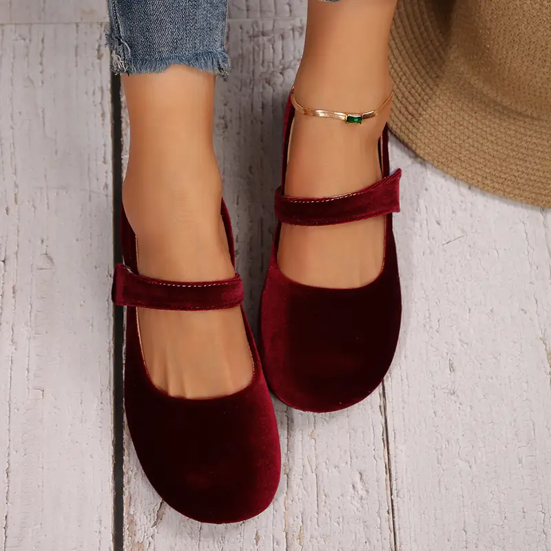 chic burgundy flats for women comfortable lightweight with hook and loop fastener closure work parties details 4