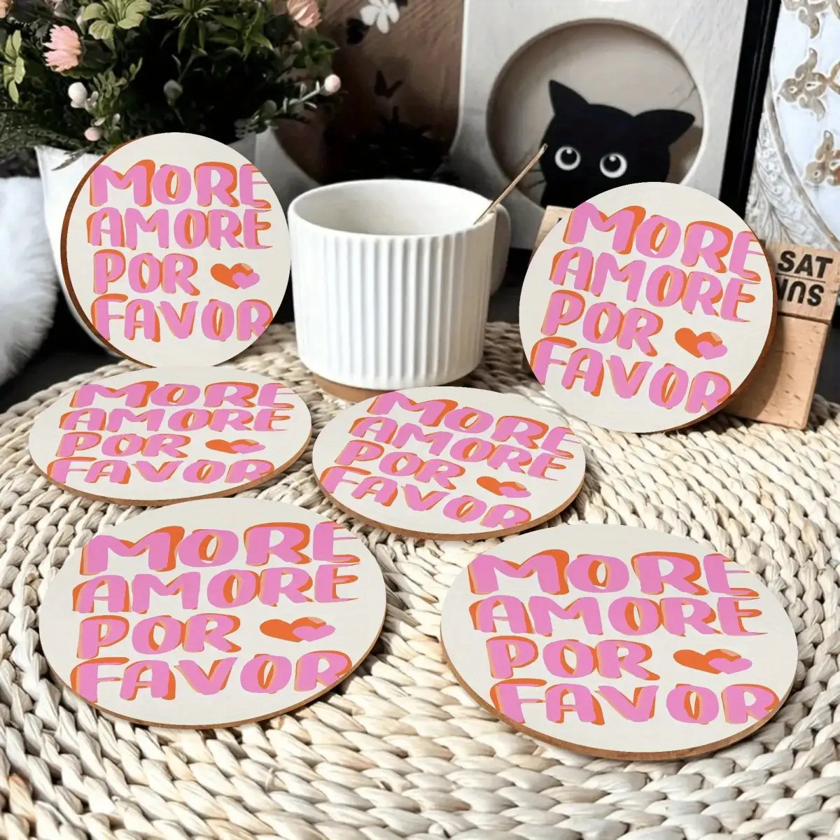 E-shop 6er-Set „ Please“ Untersetzer aus Holz – Untersetzer aus Holzmaserungszellstoff, geeignet für Heim-, Büro- & Bar-Dekor, farbenfrohe