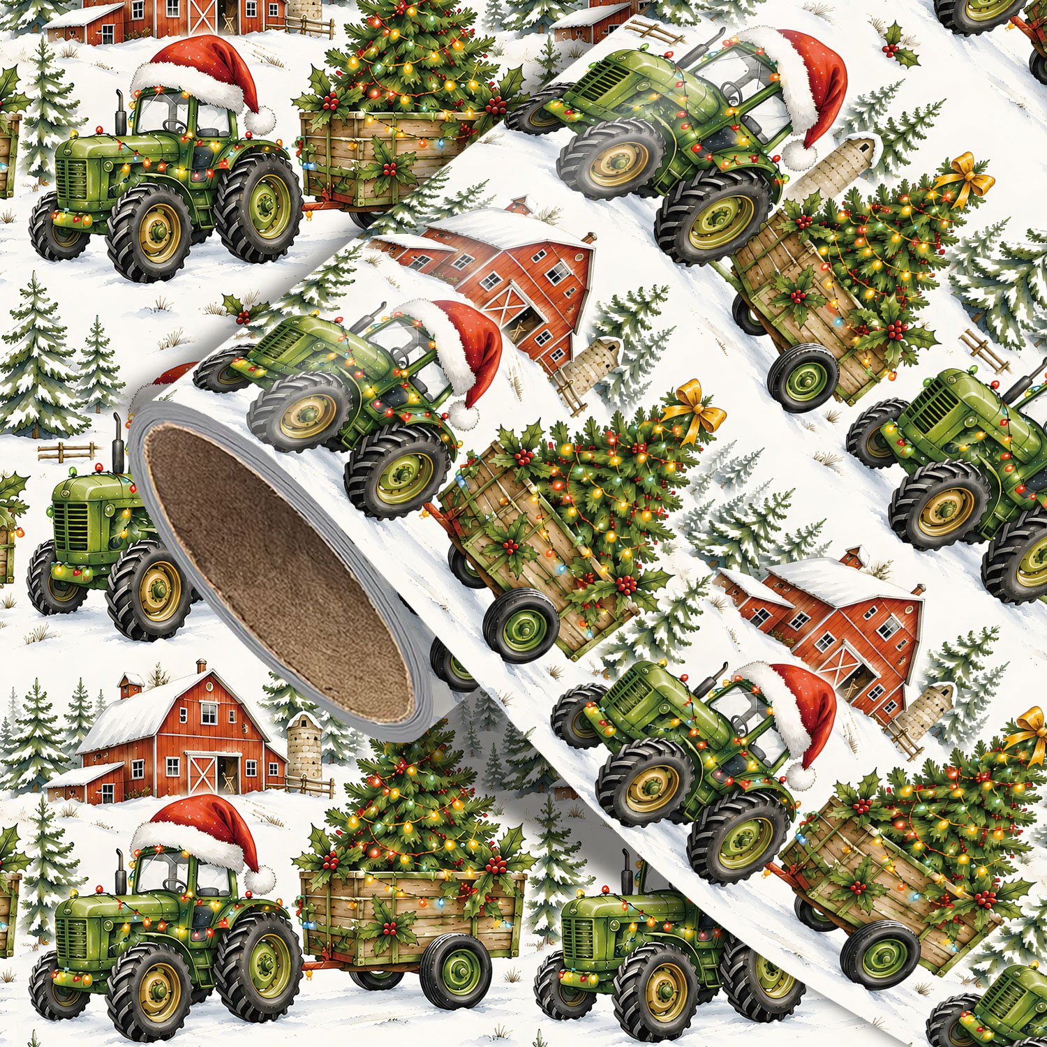 TEMU Rouleau de Papier Cadeau de Noël Tracteur - 17,7 Pouces x 118 Pouces, Papier d'Emballage Cadeau de Fêtes de Ferme avec Tracteur Vert, Remorque à