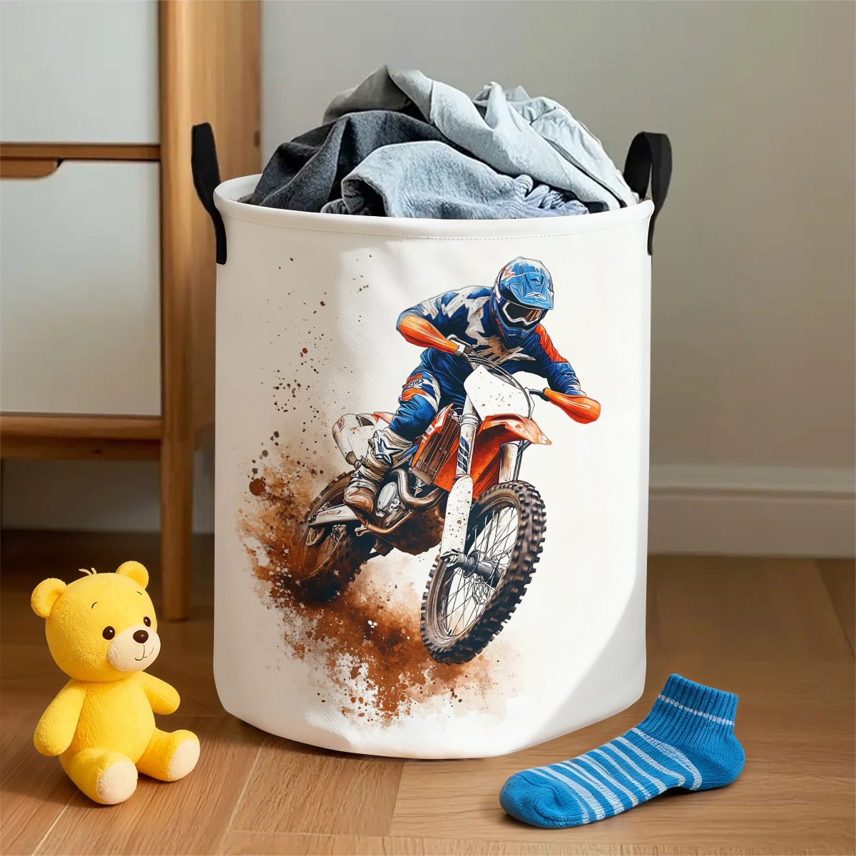 TEMU 1pc Dirt Laundry Basket - Heavy-duty Motorcycle-themed Hamper With Sturdy Handle, Suitable For Bedroom, Bathroom Storage Organizer, Motocross