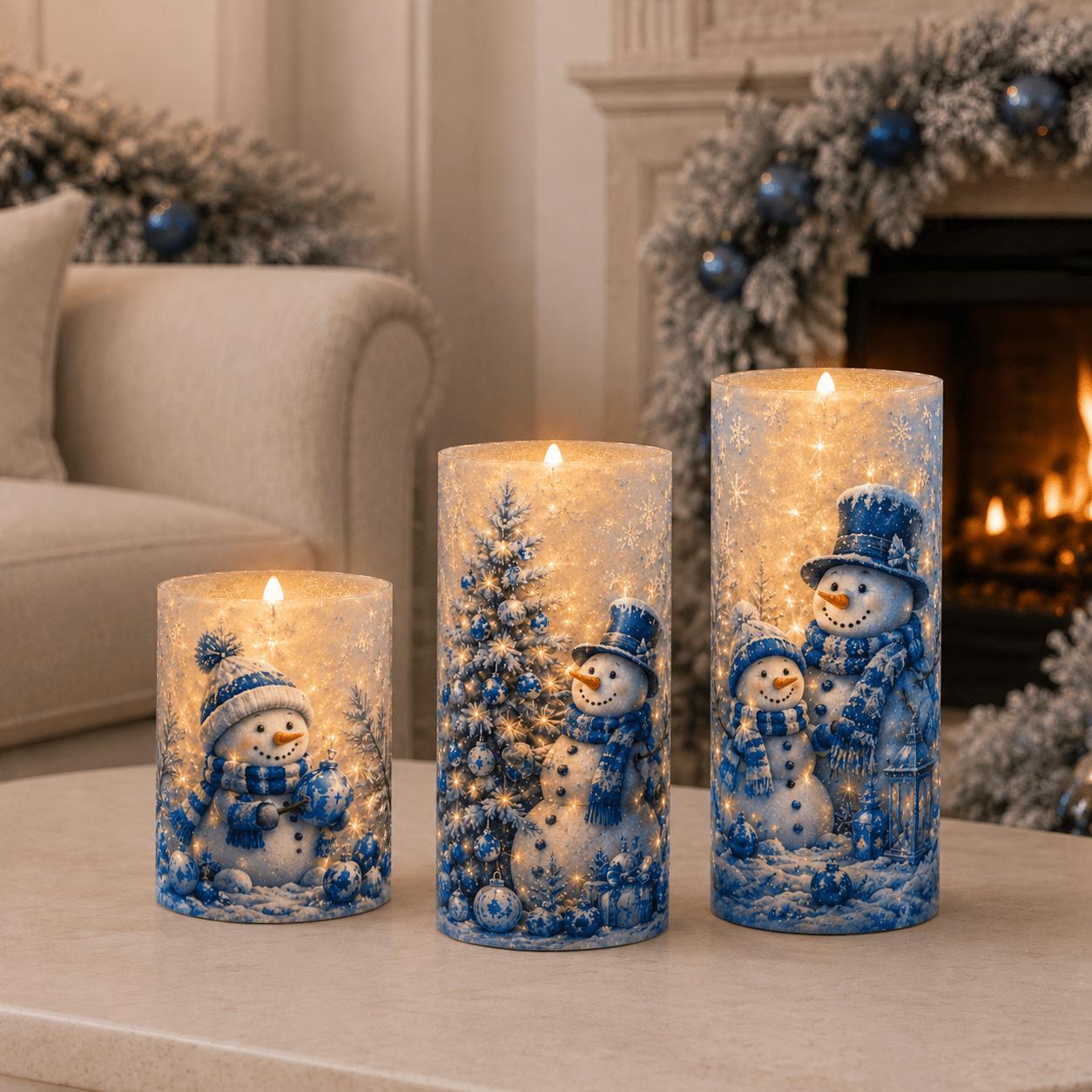 TEMU 3pcs Flameless Led Candles Battery Operated With Flickering Flame & Realistic - Blue White Porcelain Suitable For Christmas, Snowman, Snowy Tree