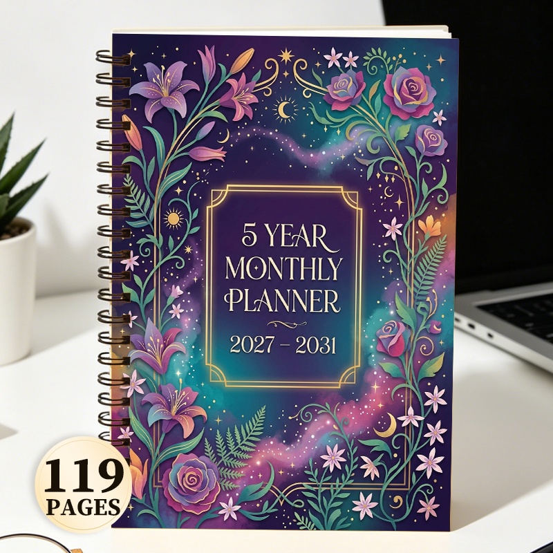 TEMU 119-page 5-year Monthly Journal 2027-2031 Starry Floral Spiral Notebook Applicable For Personal Notes And Goal Tracking Important Dates And