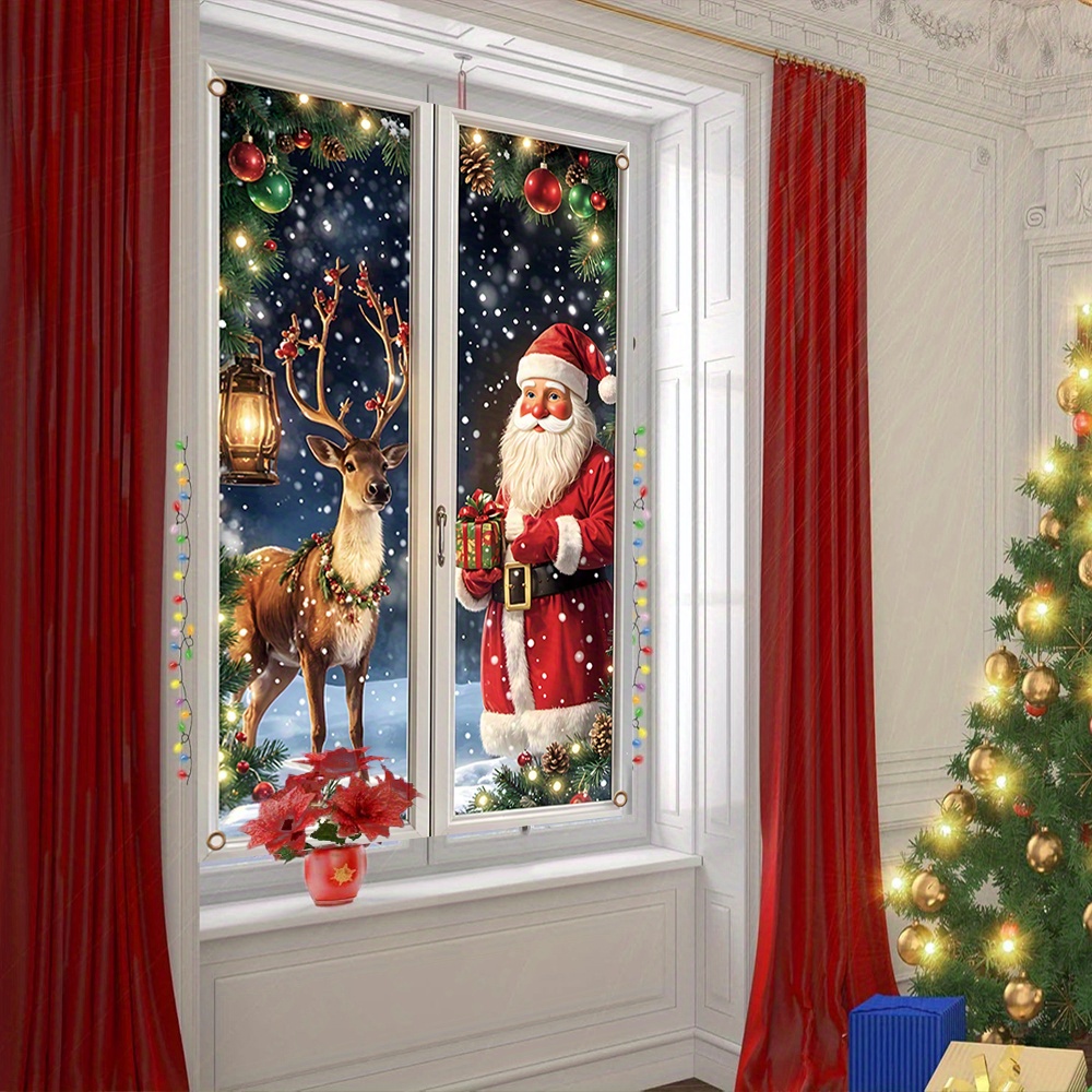 2D Plat, Zelfklevend Kerst Raamvlag met Santa & Rendier - Sneeuwvlokken Vlaggenslinger Met Hulstbessen En Twinkel-Effect, Duurzame Binnen/Buiten Feestdecoratie voor Deuren, Partijtjes en Huizen (Makkelijk Afpelbaar), 2D Flat, 1 Stuk
