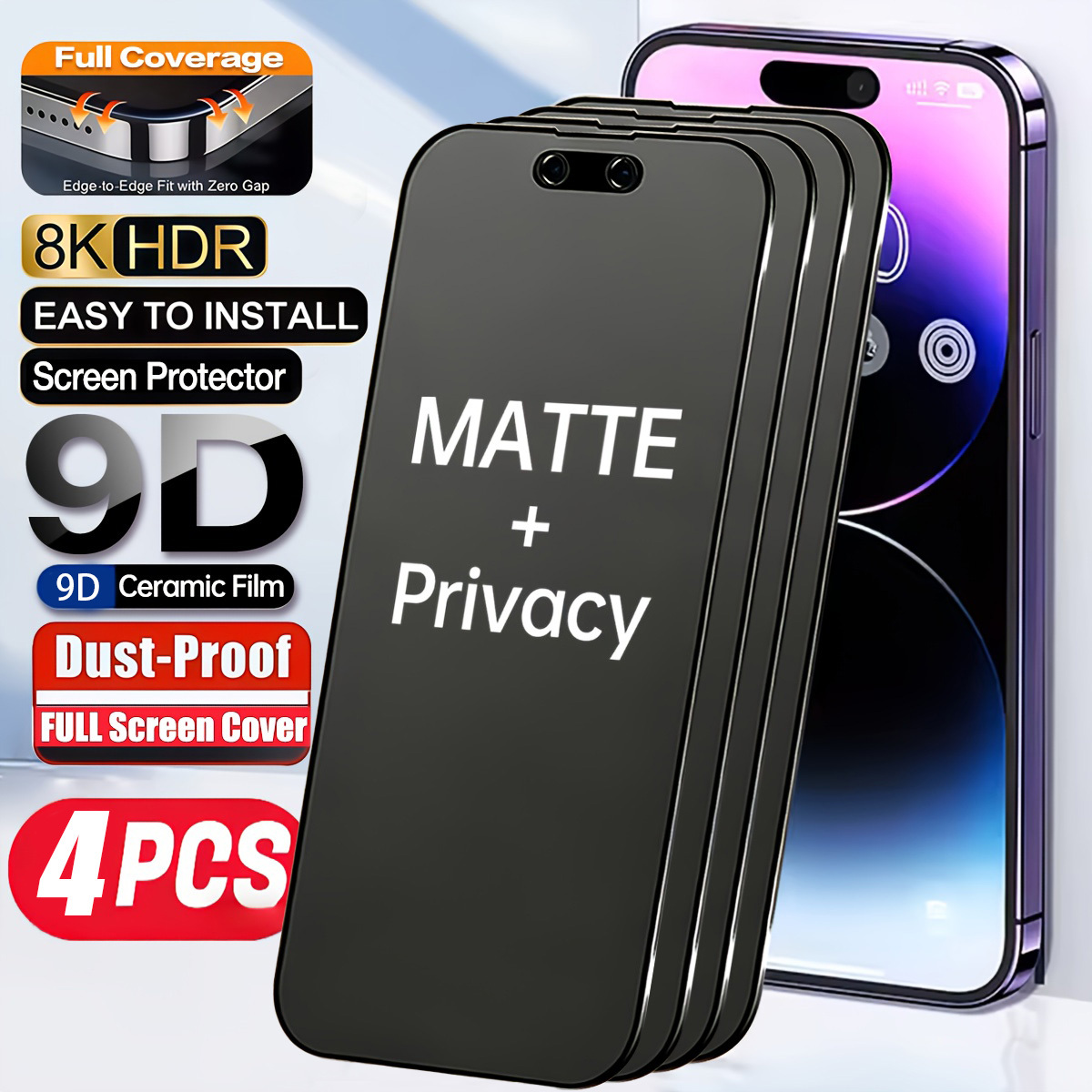 TEMU 4pcs Set (ceramic Frosted Anti-peeping) Full Coverage Frosted Privacy Screen Protector, Anti-peeping Upgraded , Anti-drop And Scratch, , No ,