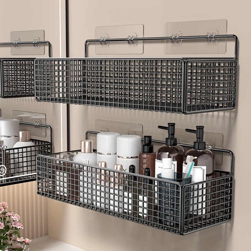No-drill Wall-mounted Metal Bathroom Shelf - Rustic Modern Hanging Storage Basket With Grid Design, Rust-proof -coated Iron Shelf Suitable For Towels, Toiletries, Toilet Paper - , Space- Bath