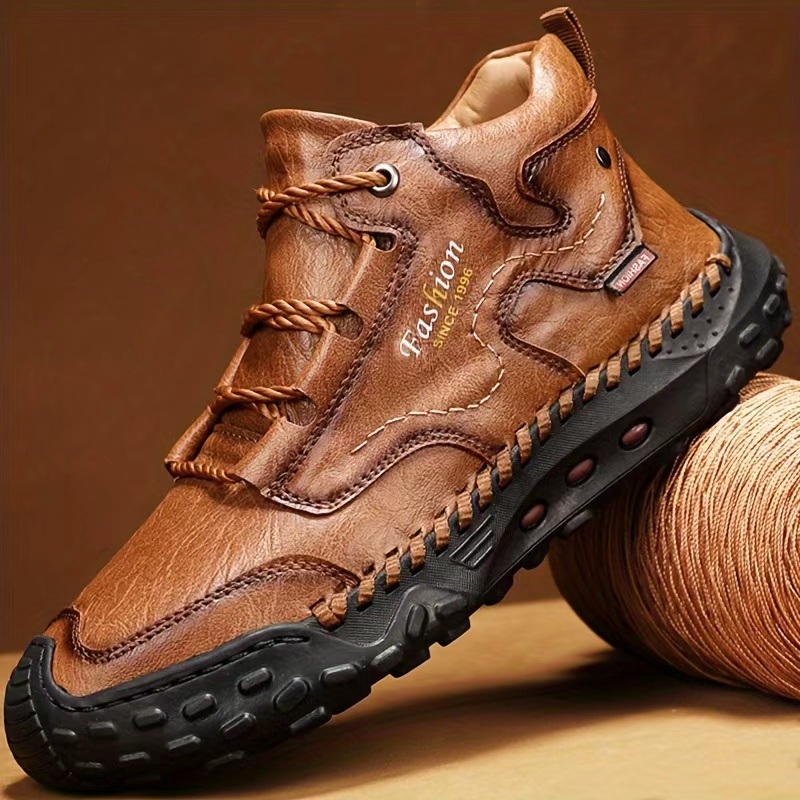 Men's Casual Sneakers, Vintage Hand-Stitched Camp Shoes, Slip-Resistant and Wear-Resistant, Outdoor Enthusiast Hiking Shoes, Urban Commuting High-Top Shoes