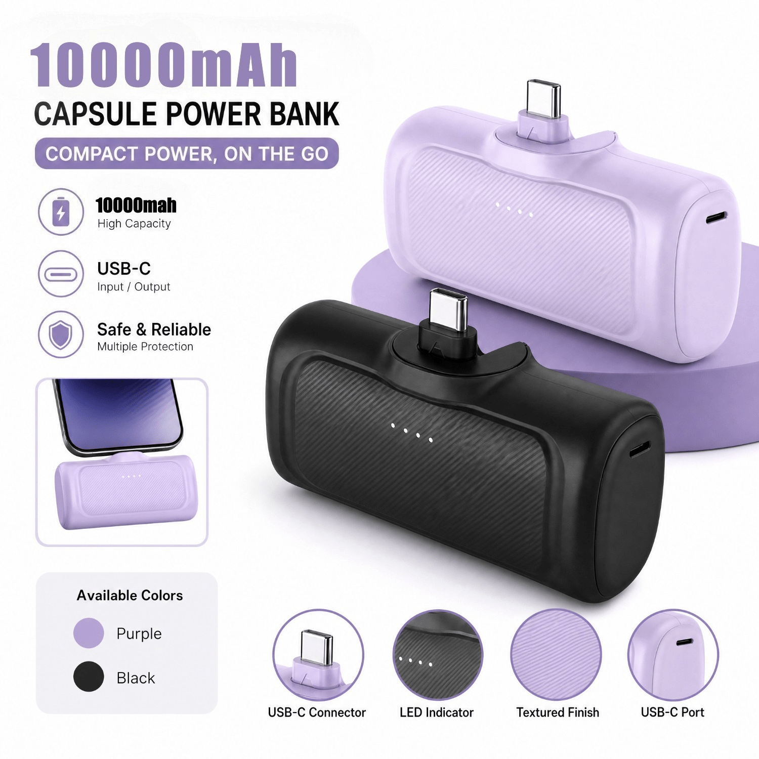 TEMU 2pcs 10000mah 22.5w Portable Power Bank, Dual Charging Lithium Polymer Battery With Led Indicator, Emergency Backup Charger For Type- Travel