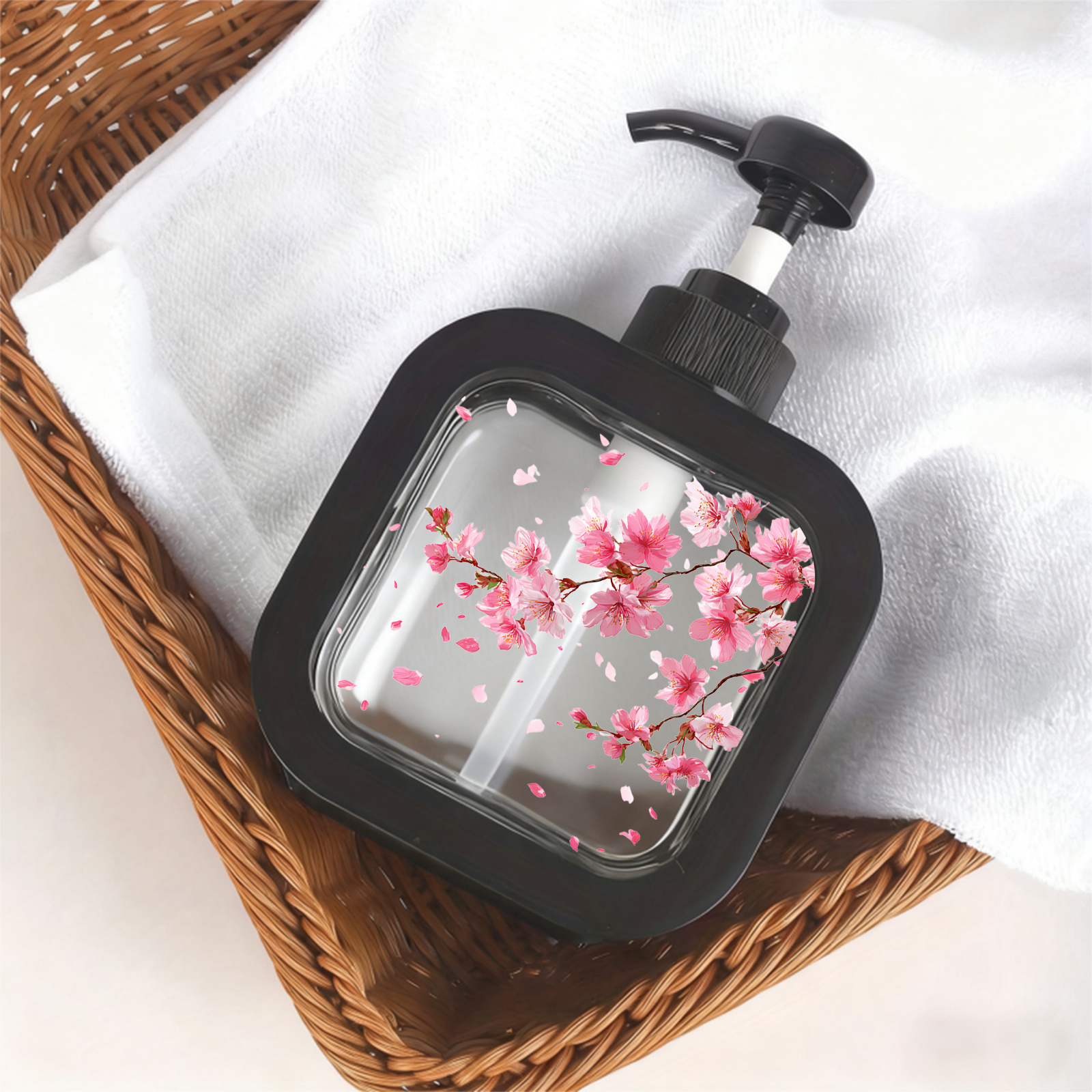 Moisturizing Soap Pump Bottle - Elegant Pink Cherry Branch Design, Soap Dispenser For Kitchen Sink & Bathroom Decor, Soft Petal Floating Aesthetic, Delicate Floral Bathroom/kitchen Accessory