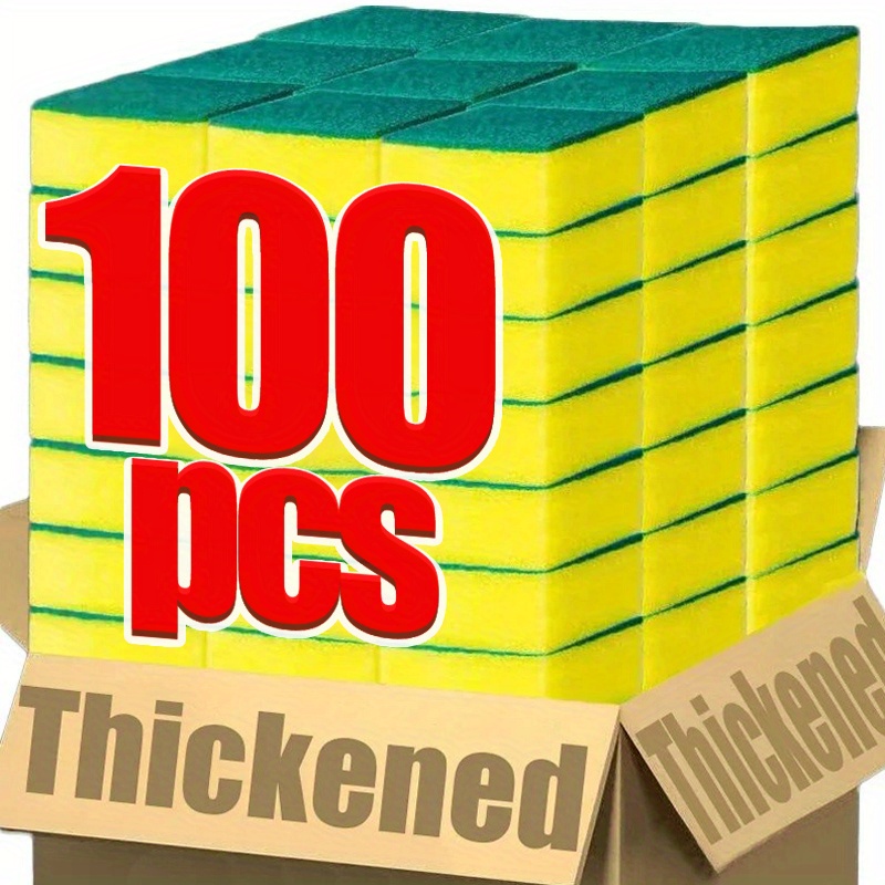 100pcs Thickened Kitchen Dishwashing Sponges - Soft, Absorbent, and Durable Scouring Pads for Pots, Rust Removal, and Household Cleaning (Yellow with Green Edges)
