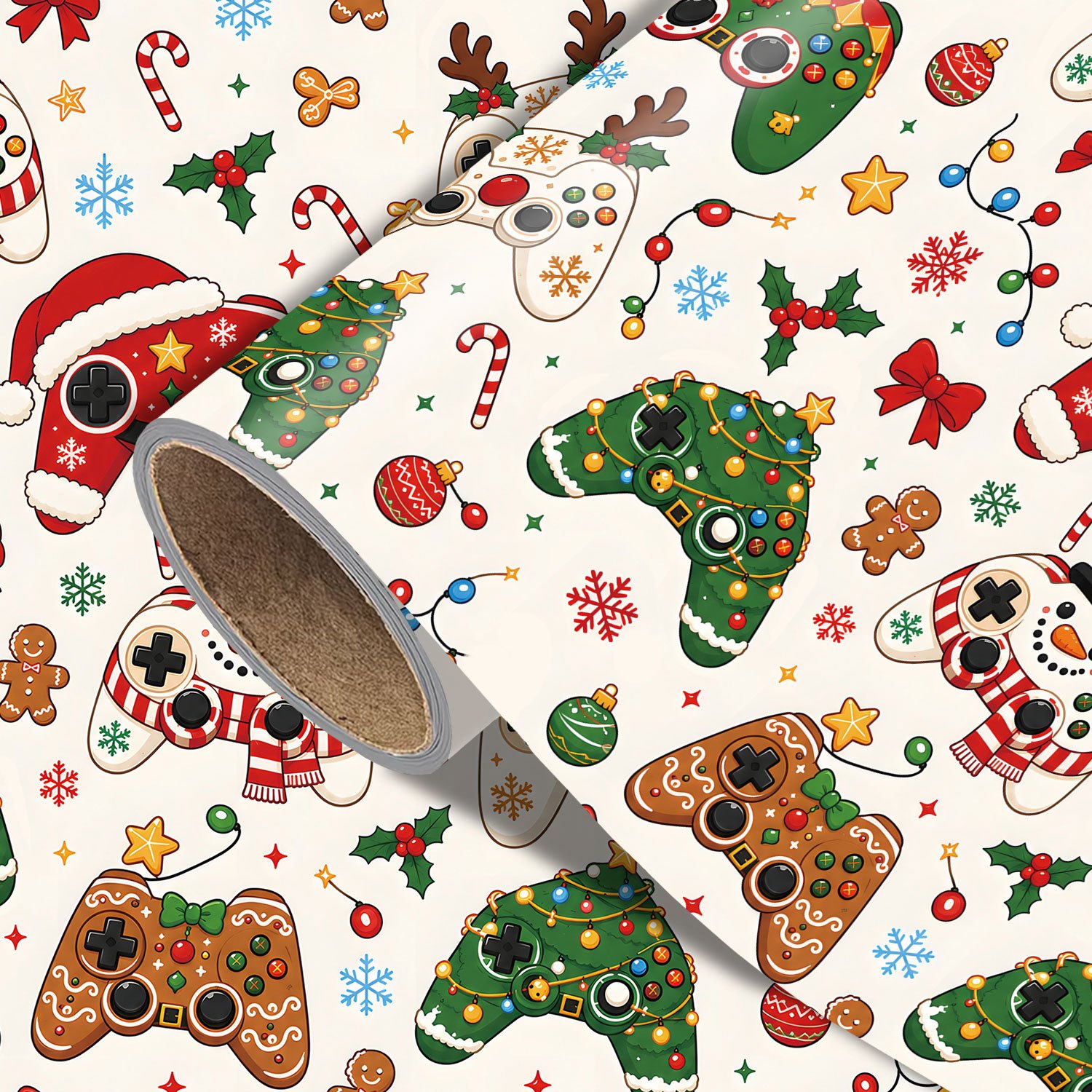 TEMU Funny Christmas Wrapping Paper Roll - Measures 17.7 Inches X 118 Inches, Game Controller Gingerbread Man Floral Print, Perfect For Wrapping Xmas