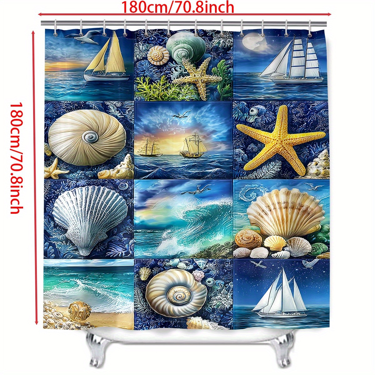 Seashells and Stars Pattern Shower Curtain Set, 4pcs