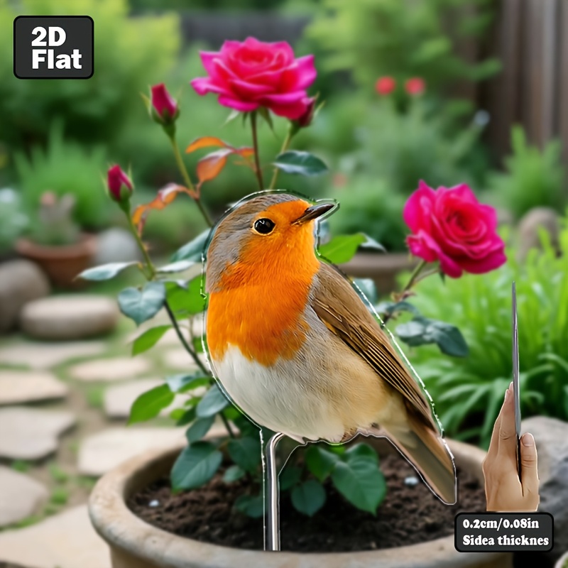 2d flat 2d flat acrylic robin potted plant decorative insert 1pc suitable as a gift for   2d flat printing windproof and sun resistant no power or batteries required lawn and potted plant marker suitable for garden lawn and yard