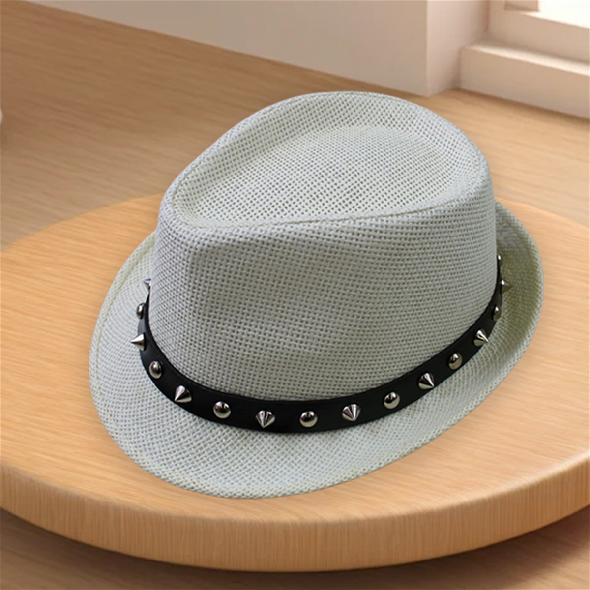 unisex fedora straw-style hat with decorative rivets & black  display picture 3
