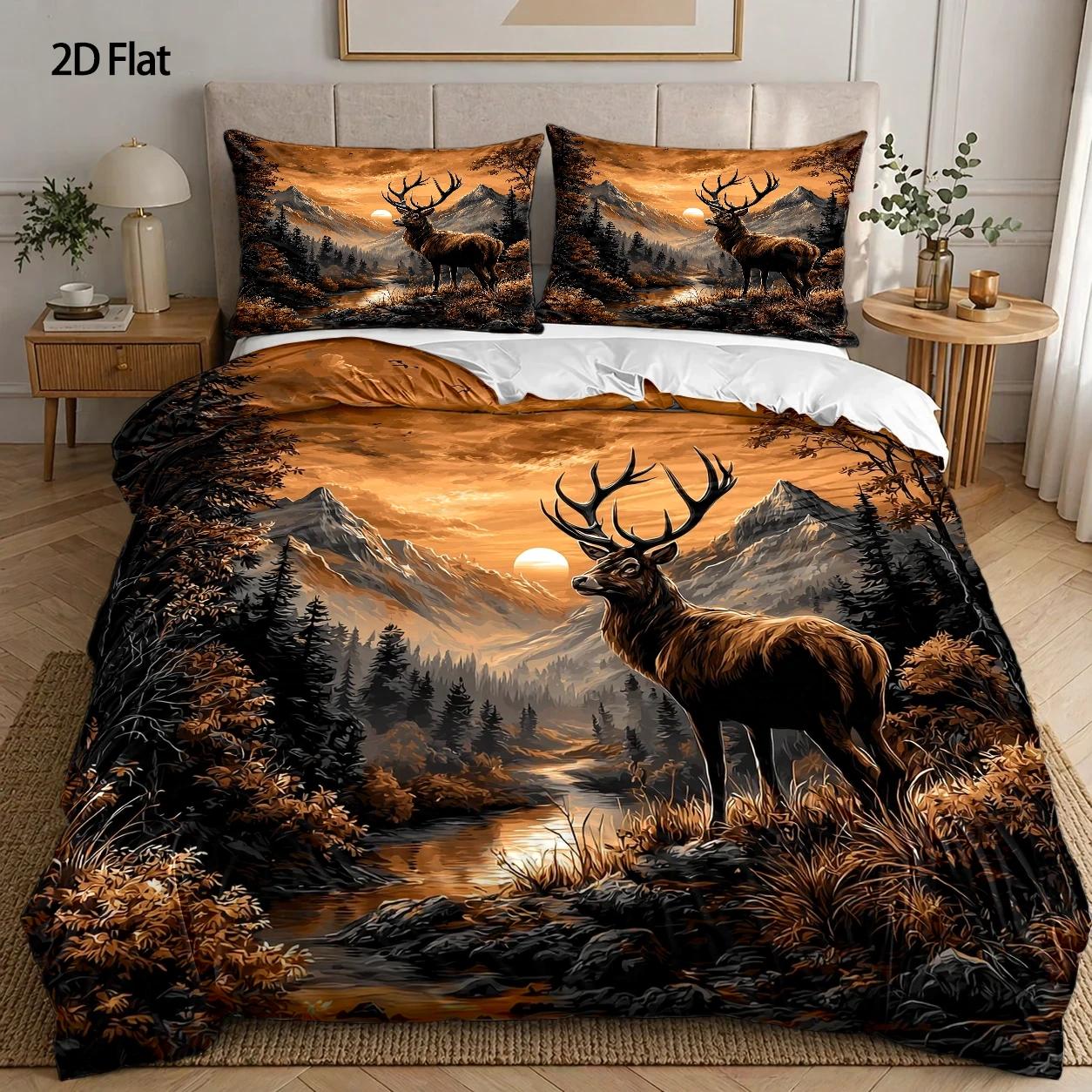TEMU 3pcs Duvet Cover Set, 1 Duvet Cover   2 Pillowcases, No Filling, Autumn Forest Deer Scene, Realistic Style, Autumn, Warm, 3pcs Bedding, Suitable