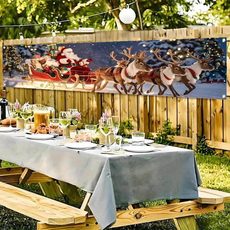 TEMU Bannière décorative en polyester à motif 2D plat, 1 pièce, Noël, hiver, design de traîneau du Père Noël et - Décoration de clôture, pelouse et