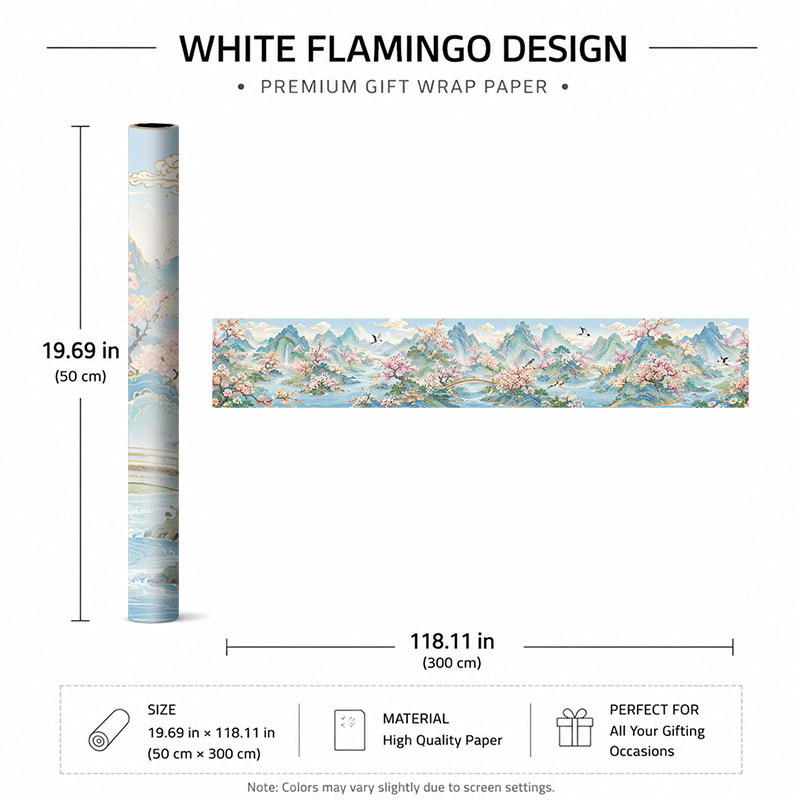 TEMU 2D Plat 1 Rol 50X300Cm (19.7X118.1In) Premium Cadeaupapier met Rustgevende Landschappen, Bergen en Bloemen, Verjaardagen & Feestdagen, Makkelijk