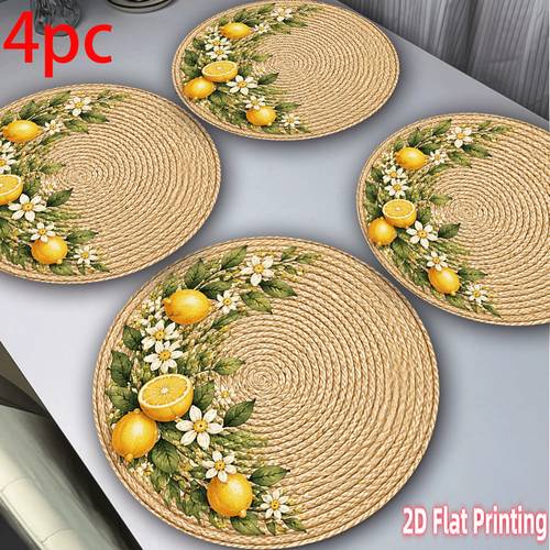 item picture 4pcs 2d printed round placemats 15in lemon green theme design table arrangement suitable for holiday parties family picnics outdoor parties decorations for indoor and outdoor use