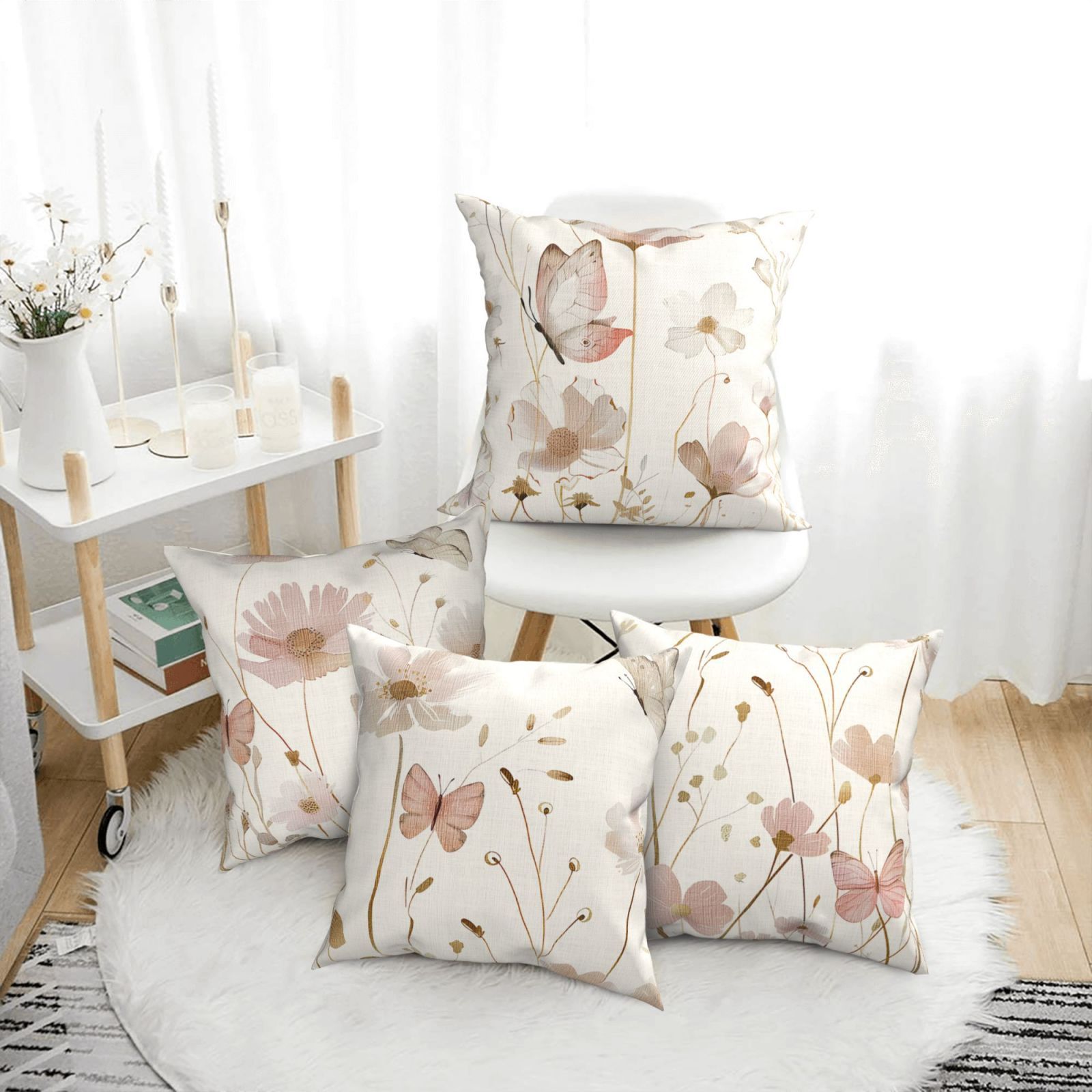 

4pcs Housses de Coussin en Lin Mélange Contemporain, Élégant Motif Floral et Papillon, Cas de Coussin Zippé Lavable en Machine, Coussin Décoratif Simple Face avec pour Maison, Canapé, Chaise, Bureau