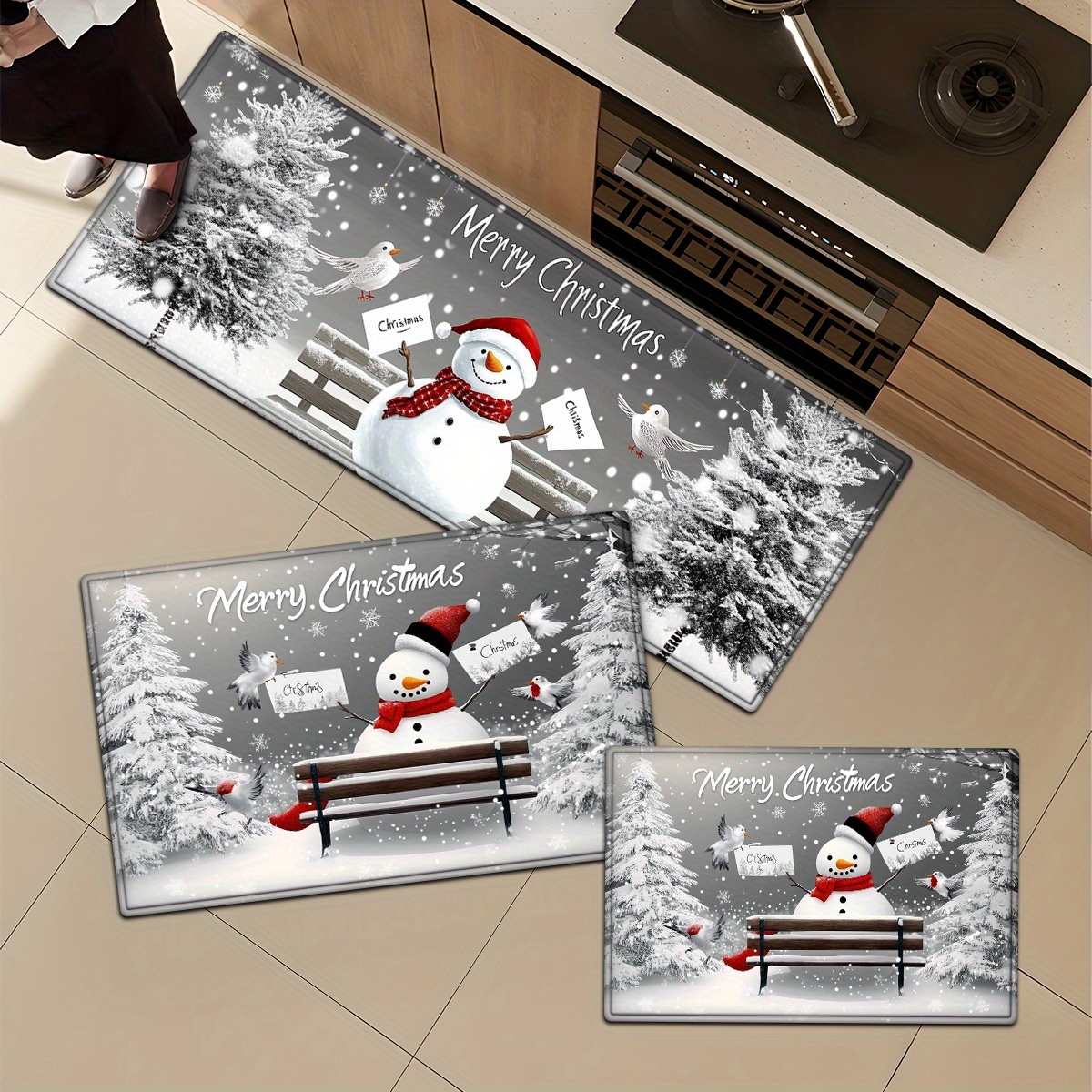 TEMU 1/ 2/ 3pcs Christmas, Snowman, Bench, Bird "merry Christmas" Tree, Snow Background, Holiday Illustration Style Flannel Rugs Non Slip Washable,