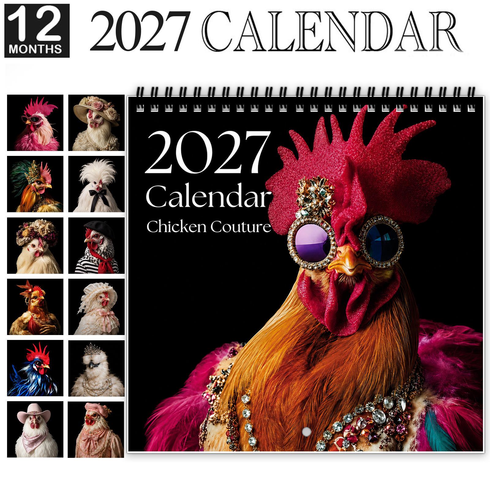 TEMU 1pc 2027 Chicken Couture Wall Calendar, Spiral-bound 12-month Calendar With Thick Coated Paper, Featuring And Fashionably Dressed Chickens In