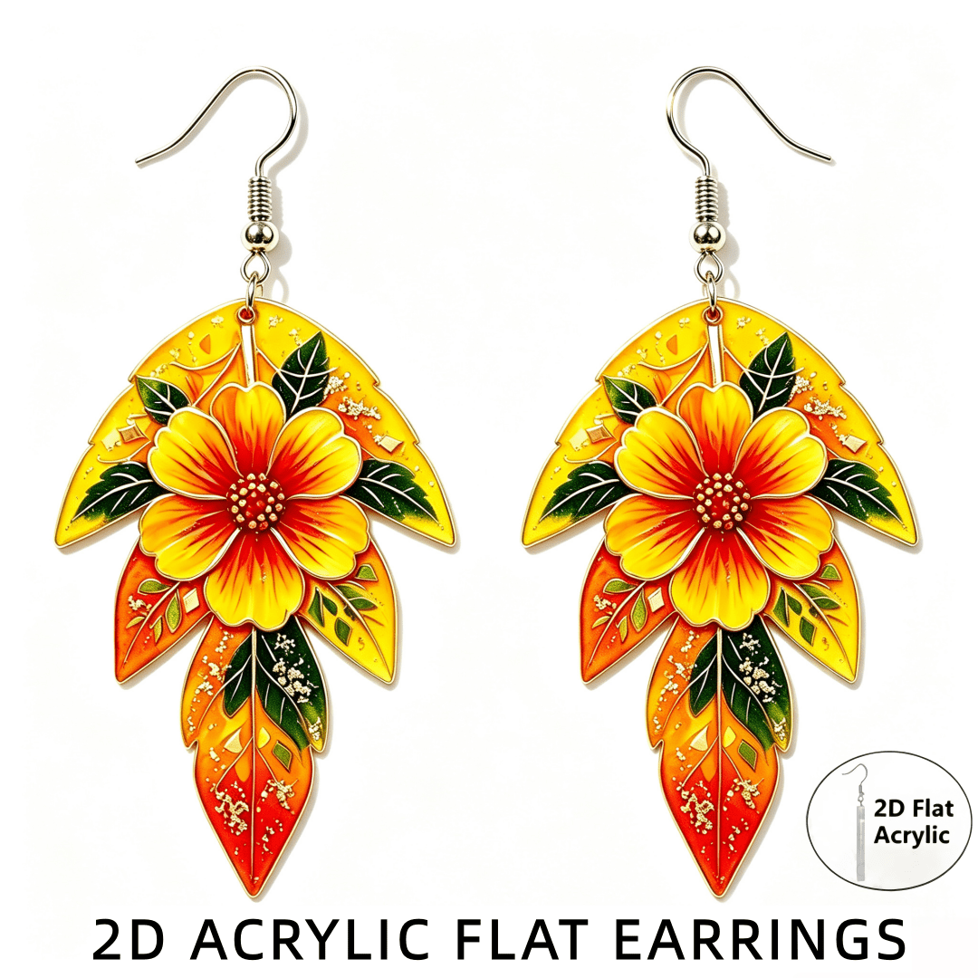Boho 2D Flat Acrylic Bright Floral Leaf Drop Earrings