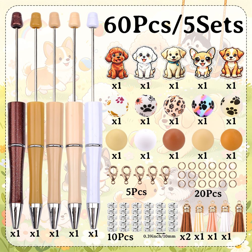 TEMU 5 Sets Of Cute Puppy Themed Tassel Pendant Bead Pens Set, Suitable As Halloween And Christmas Gifts, School Office Stationery Supplies
