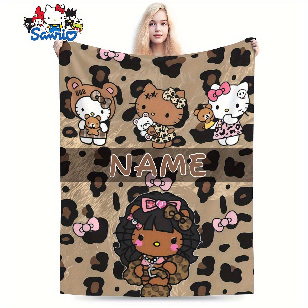 1pc Sanrio Hello Kitty Personalized Custom Name/Text - Leopard Print with Hello Kitty Faces, Beige & Brown Birthday/Valentine's Gift - Soft Flannel Blanket (280gsm) for Girls, Women, Home, Travel, Car, Office - All-Season Use, Cartoon Character Design, Cozy Warm Fabric