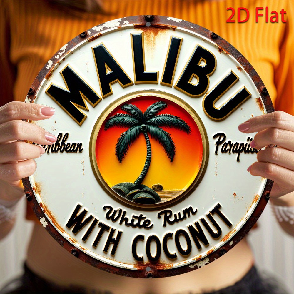 E-shop 【2D Flach】 2D Flach, 1 Stück Tropisches Karibik-Rum & Kokosnuss Metall Wandschild - 8-Zoll Rundes Langlebiges Eisen Strandkunst mit Palmen &