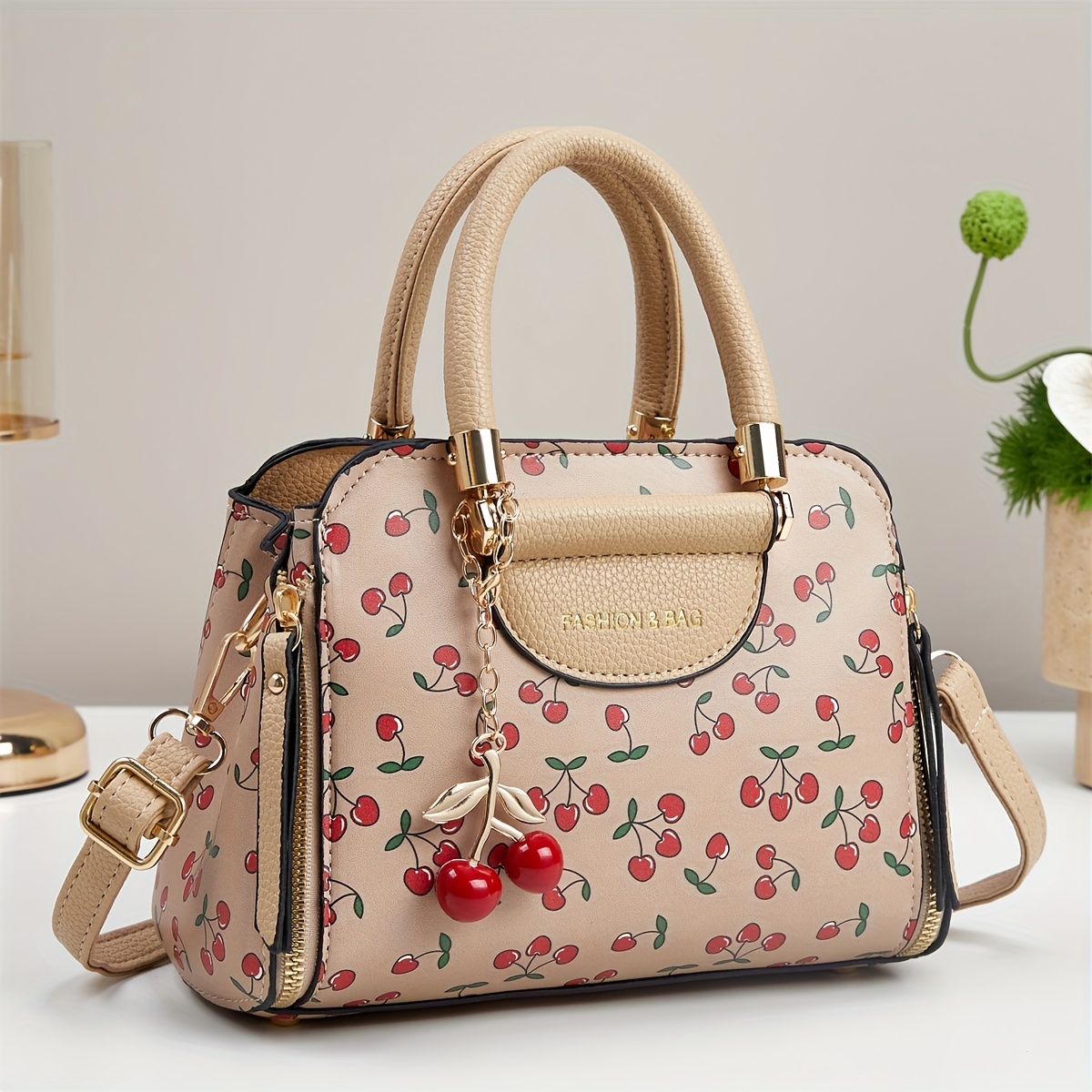Image of New Large-capacity Bag, Easy Temperament, Sweet And Advanced Splicing Contrasting Colors, Cherry Hanging Chain With Internet , Good Texture And Feel, Party, Shopping, Holiday Gifts For Wife