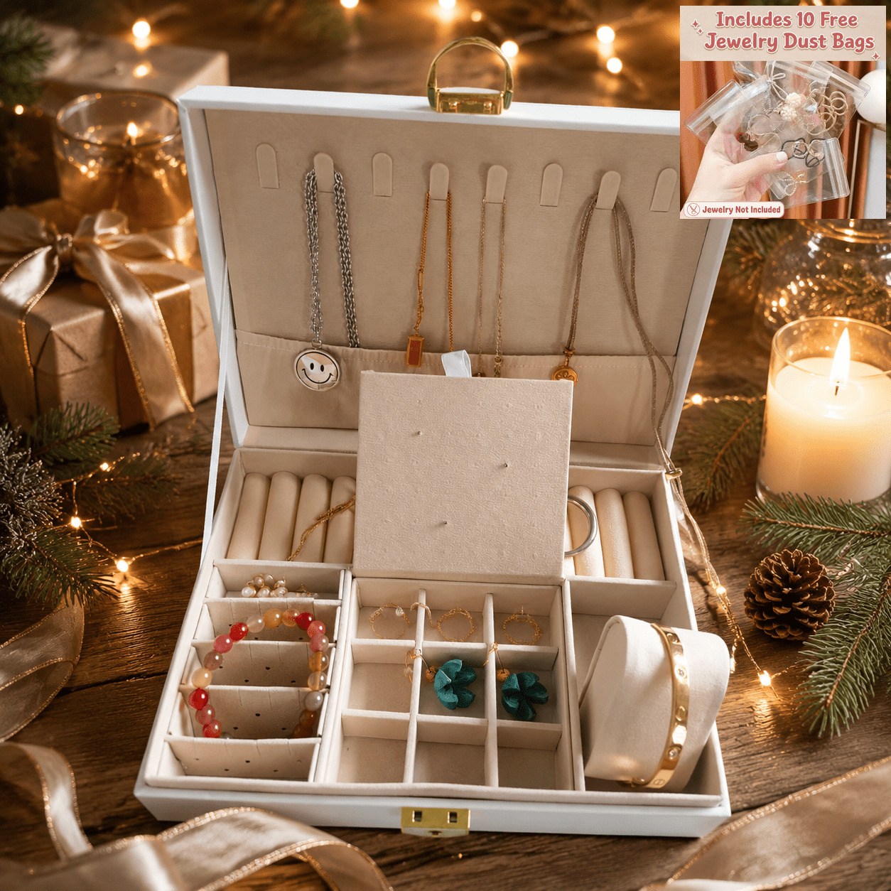 Multi-Functional White Jewelry Storage Box, Soft Velvet Lining