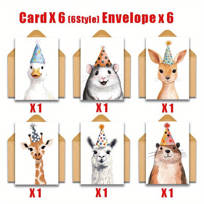 TEMU A Set Of 12 Fun Animal Birthday Greeting Cards (including Envelopes) Featuring A Duck, Mouse, Giraffe, Raccoon, And Alpaca Wearing Party Hats |