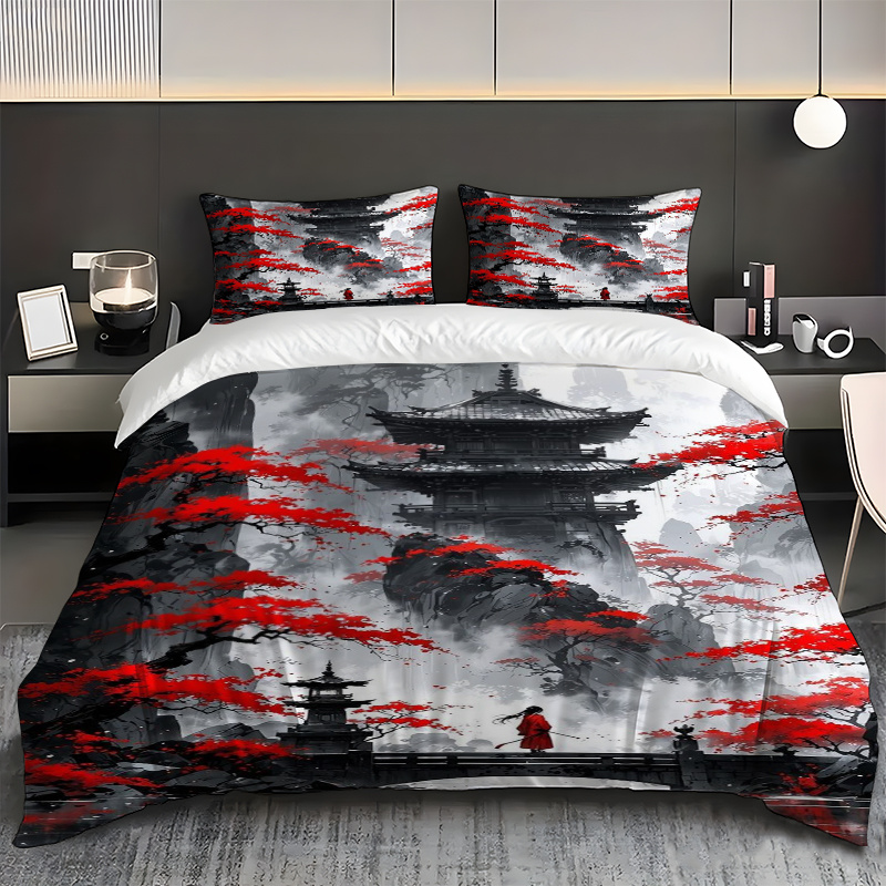TEMU 2/3pcs Mountain Temple Standing On Bridge Printed Duvet Cover Set, Includes Duvet Cover And Pillowcases - Perfect For Bedroom, Soft And